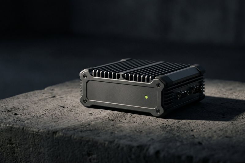 A compact, fanless processing unit resting on a concrete block.